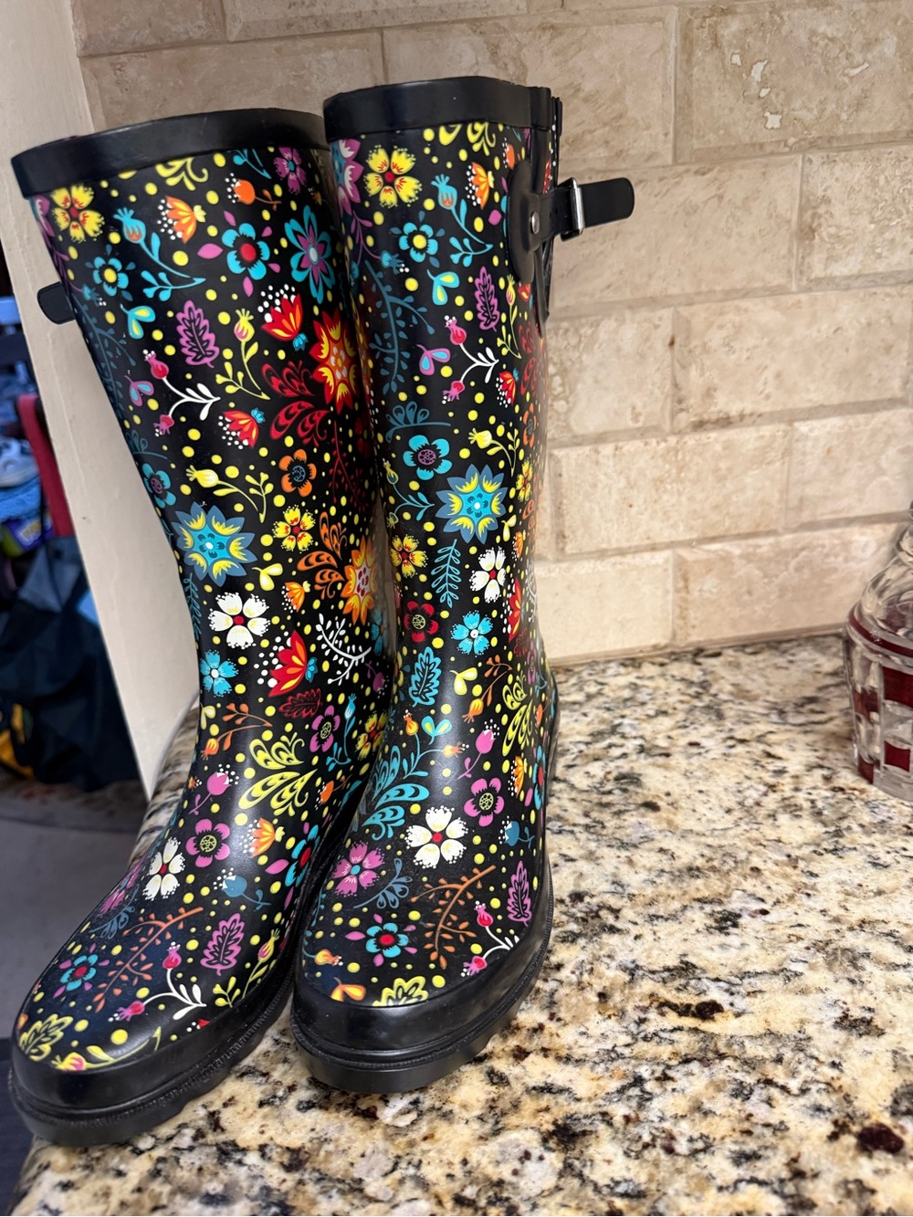Western Chief Black Floral Rain Boots with Bright Multicolor Print